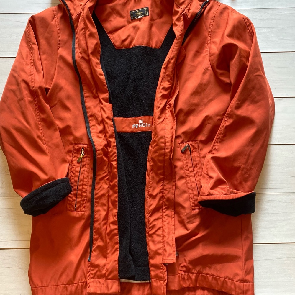Fendi Vintage Oversized Orange Jacket Hood Nylon Fleece Lined No Sz